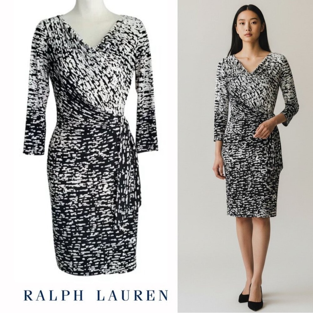 Lauren Ralph Lauren Black White Geometric Wrap Dress 3/4 Sleeve Size 12